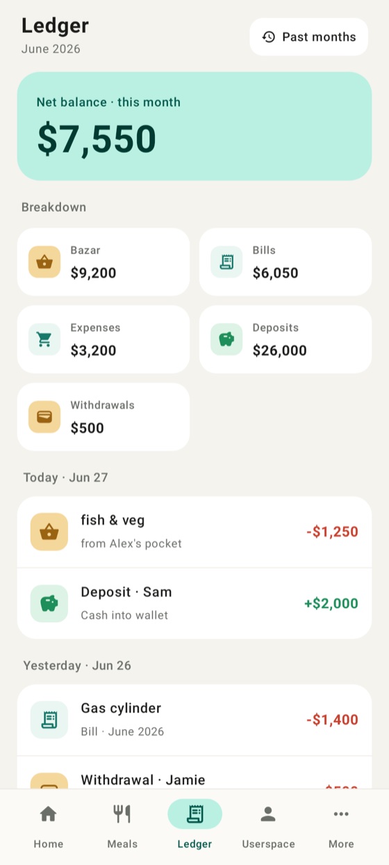 Ledger listing bazar, bills, deposits and withdrawals with a live net balance for the month.