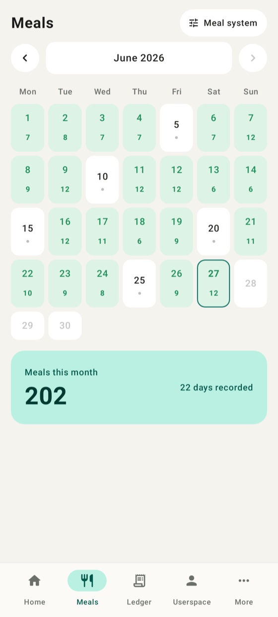 Meals calendar where each day’s breakfast, lunch and dinner are tapped to record.